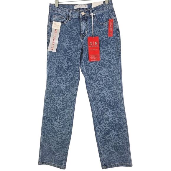 New Max~Woman Size 6~Blue Denim Floral Print High Rise Straight Leg Jean Stretch - Picture 1 of 16